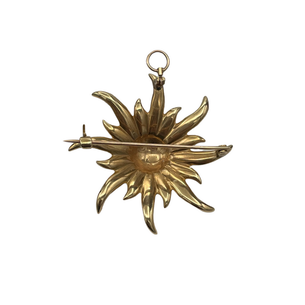 Charming 14k yellow gold brooch with seed pearls also convertible into a pendant. The sunburst was a popular motif in the late 1800s', it reveals a sense of optimism.