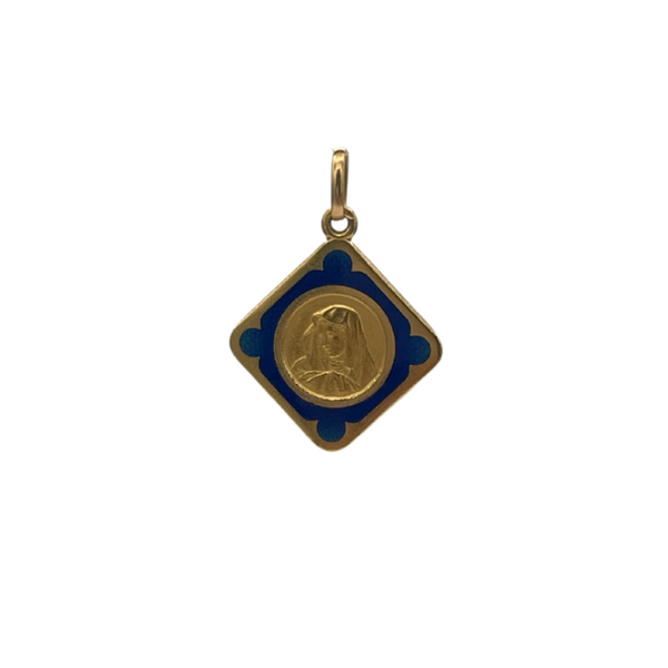 Vintage 18k solid gold Virgin Mary Charm/Pendant with blue accents.