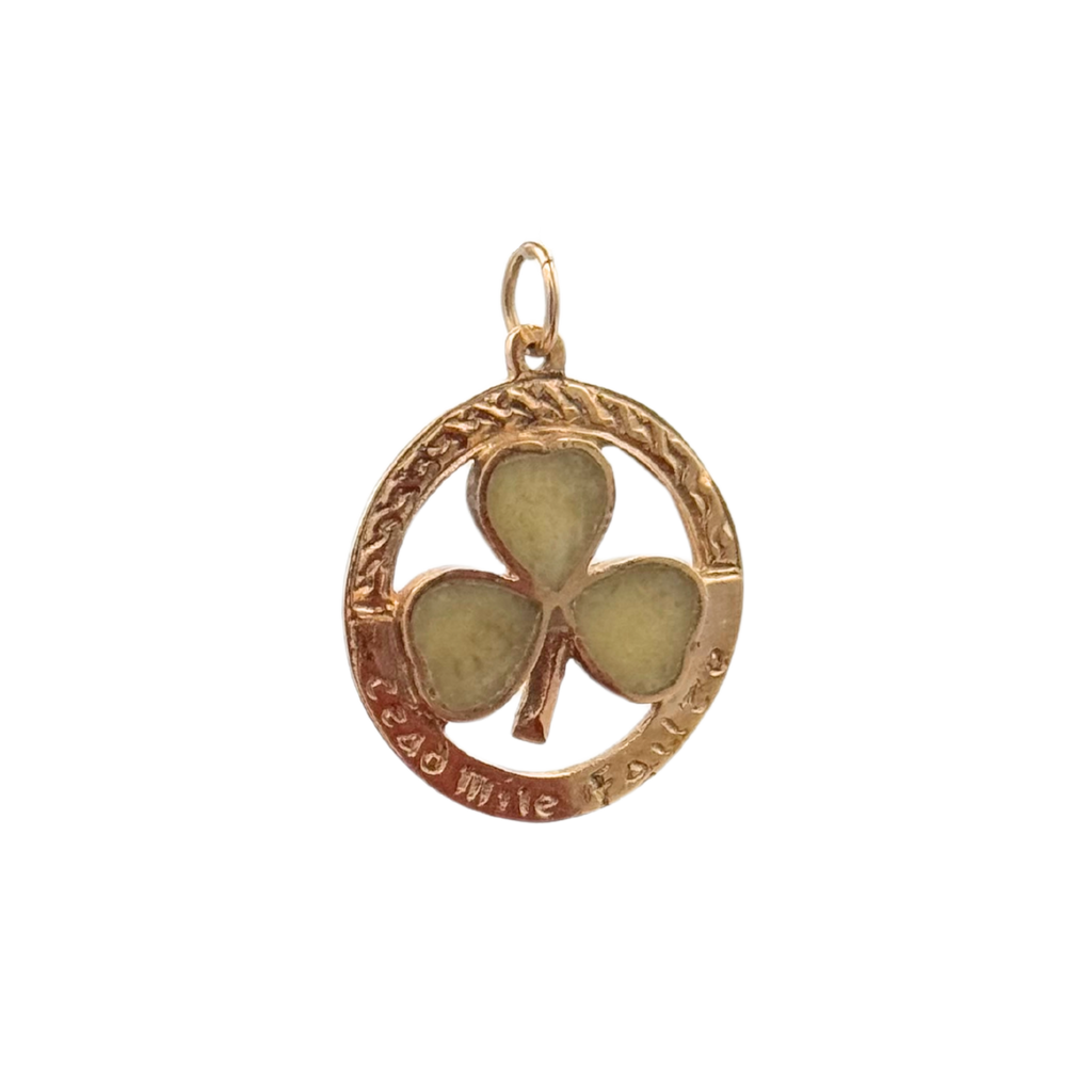 9K Yellow Irish 3 leaf clover with serpentine stone on each