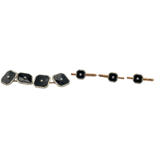 Handsome set of antique Art Deco onyx and seed pearl 10k rose gold cufflinks and three shirt buttons.