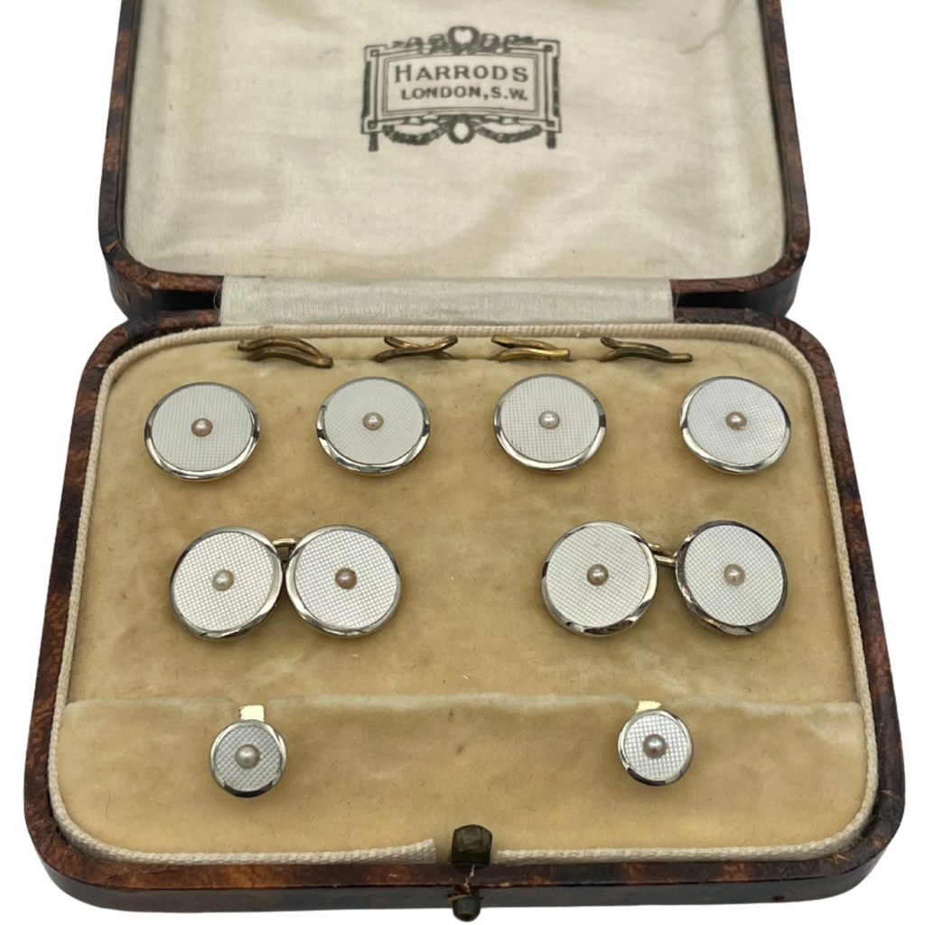 Antique Harrods London gentlemen's&nbsp;seed pearl 9k/18k gold shirt button and cufflink set. This exceptional set comes in it's original Harrods presentation box.