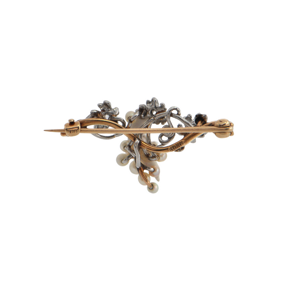 Antique Pearl and Diamond 14K Gold Grapevine Brooch "Henry Kohn & Sons" circa 1900. + Montreal Estate jewelers