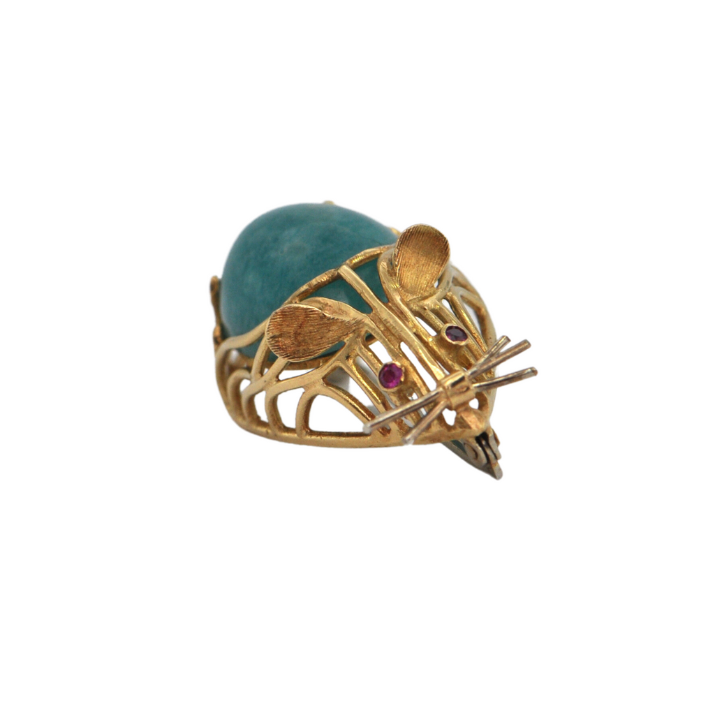 Mid-Century Amazonite and Pink Sapphire 18K Mouse Brooch + Montreal Estate Jewelers