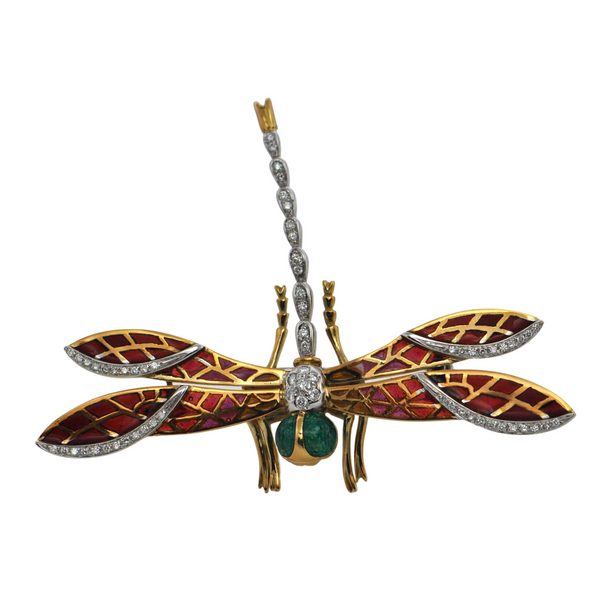 Vintage Italian Diamond and Enamel 18k Gold Dragonfly Brooch + Montreal Estate Jewelers