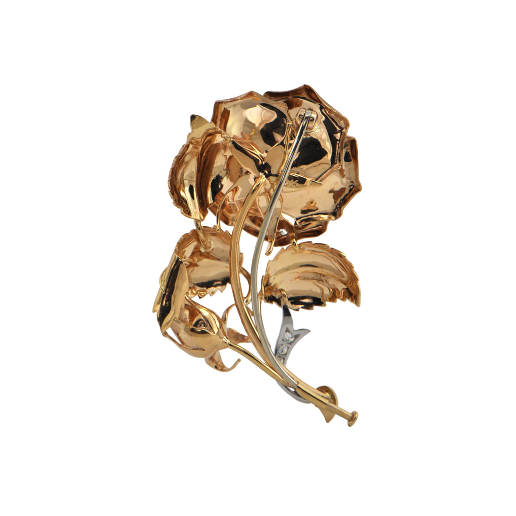 Mid-Century 18K Gold Diamond Rose Brooch + Montreal Estate Jewelers