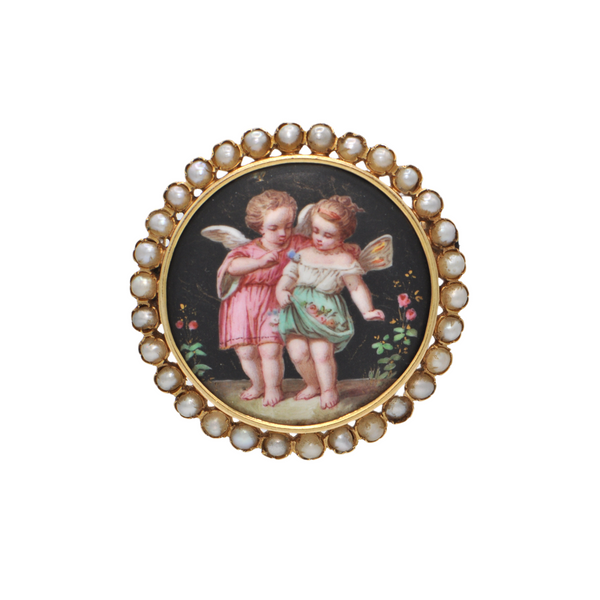 18k Gold Antique Hand Painted Porcelain and Seed Pearl Brooch C.1900 + Montreal Estate Jewelers