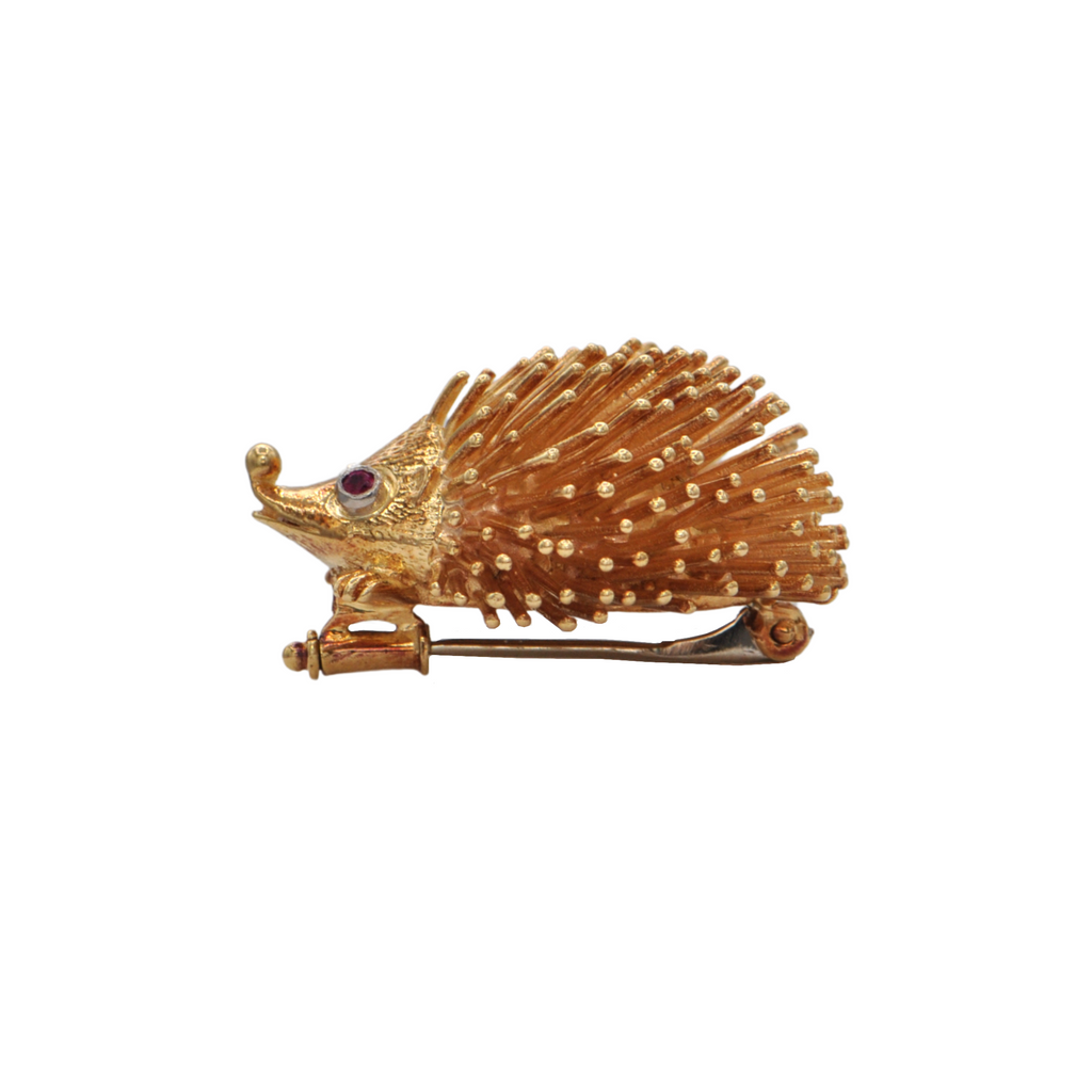 Vintage Charming 18k Gold Hedgehog Brooch + Montreal Estate Jewelers