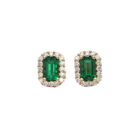Custom Emerald and Diamond Hallo 18k Yellow Gold Earrings by Daisy Exclusive + Montreal Estate Jewelers
