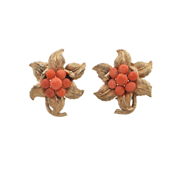 Mid-Century Coral 14k Gold Flower Earrings + Montreal Estate Jewelers