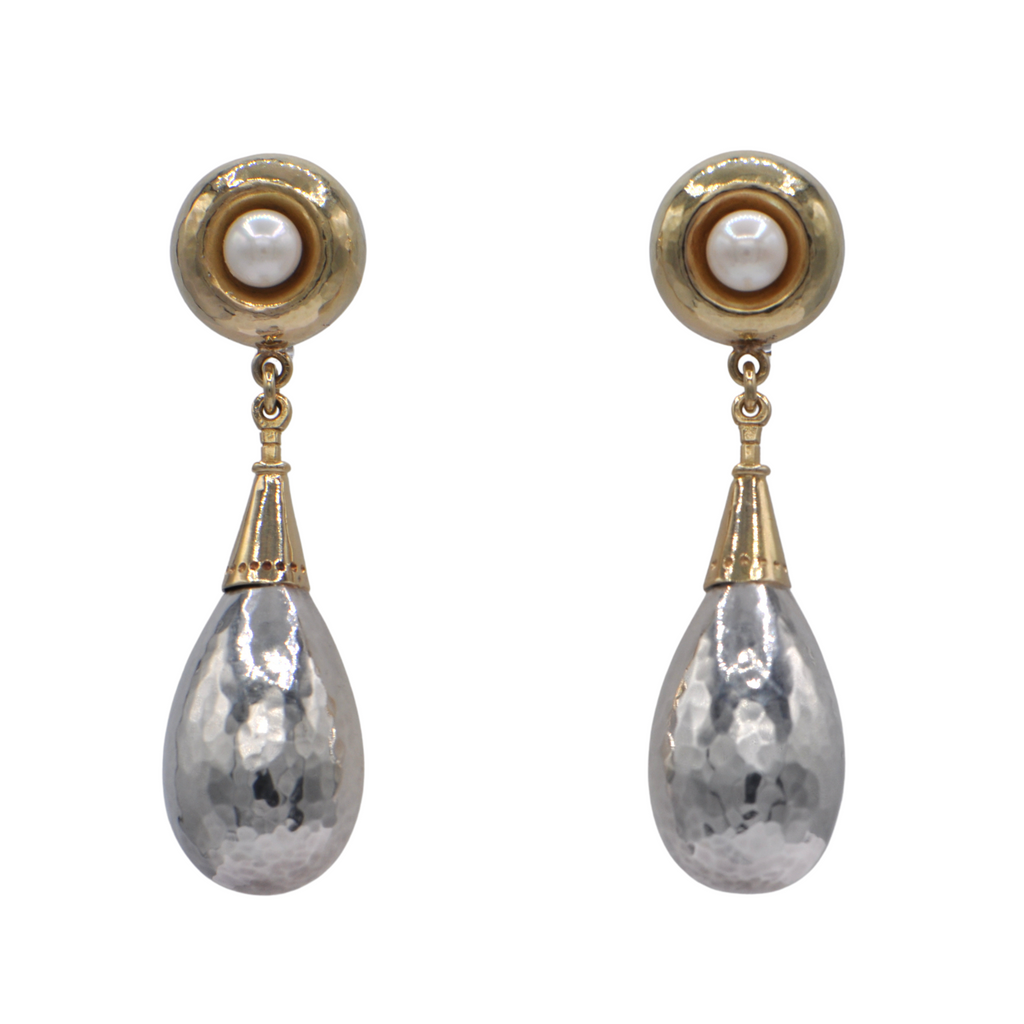 Estate Signed Walter Schluep Sterling Silver, Gold and Pearl Drop Earrings + Montreal Estate Jewelers