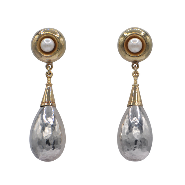 Estate Signed Walter Schluep Sterling Silver, Gold and Pearl Drop Earrings + Montreal Estate Jewelers