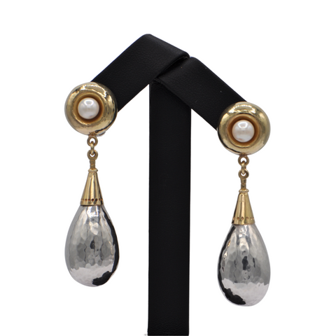 Estate Signed Walter Schluep Sterling Silver, Gold and Pearl Drop Earrings + Montreal Estate Jewelers