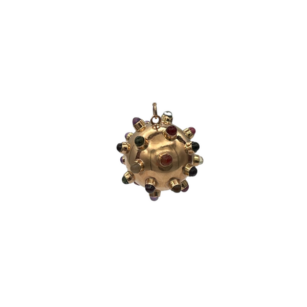 Extremely collectible mid-century 14k hollow rose gold sputnik charm with colored semi-precious stones and glass beads.