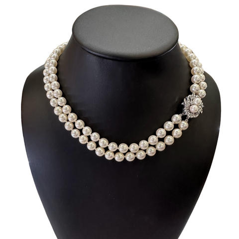 Vintage Double Strand Cultured Pearl Necklace with Diamond 14k Gold Clasp + Montreal Estate jewelers