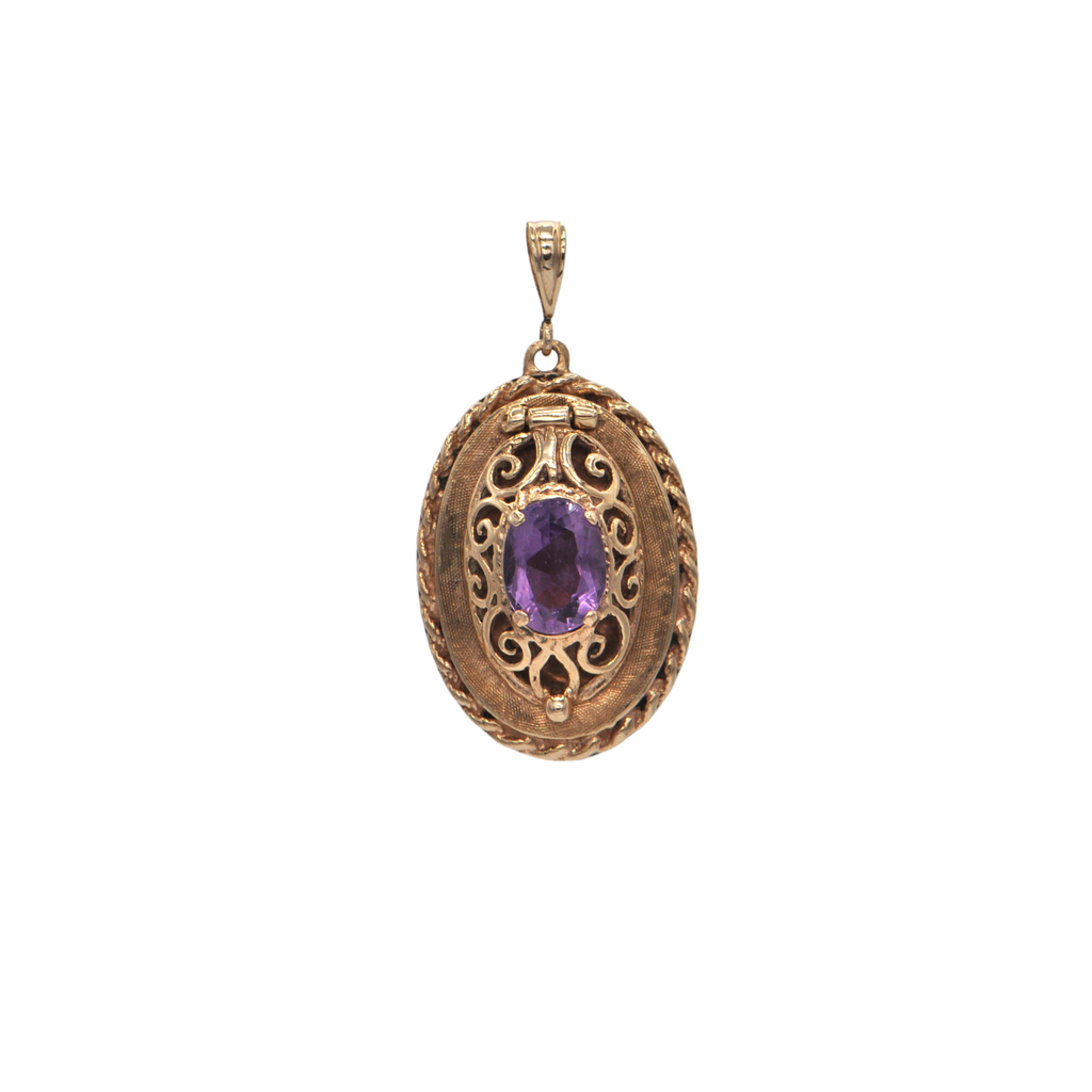 Vintage Singed 'Birks' Amethyst 10k Gold Oval Locket + Montreal Estate Jewelers