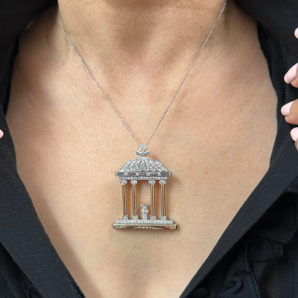 Antique Art Deco Greek Revival Diamond Temple 18k Gold and Platinum Pendant/Brooch + Montreal Estate Jewelers