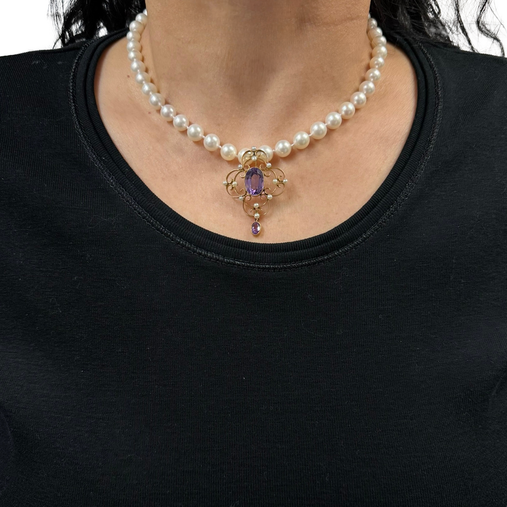 Edwardian English Amethyst and Seed Pearl 15ct Lavallière Pendant + Montreal Estate Jewelers