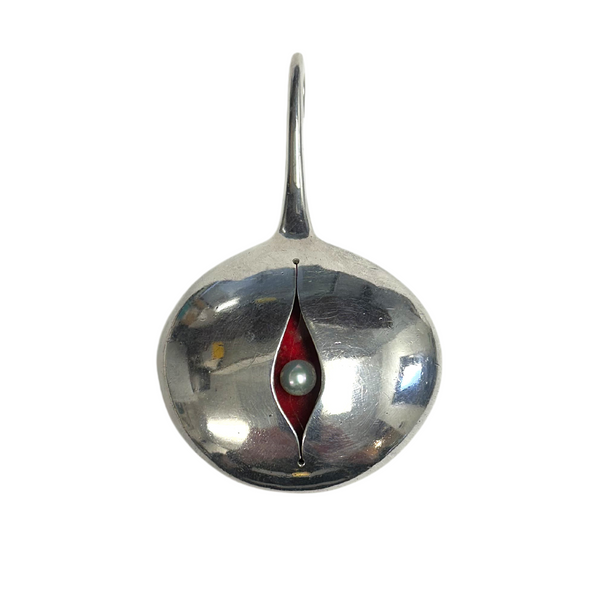 Estate Signed Water Schluep Pearl and Enamel Sterling Silver Pendant
