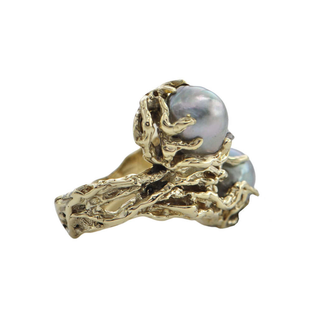 Mid-Century Brutalist style Baroque Pearl 14k Gold Ring + Montreal Estate Jewelers