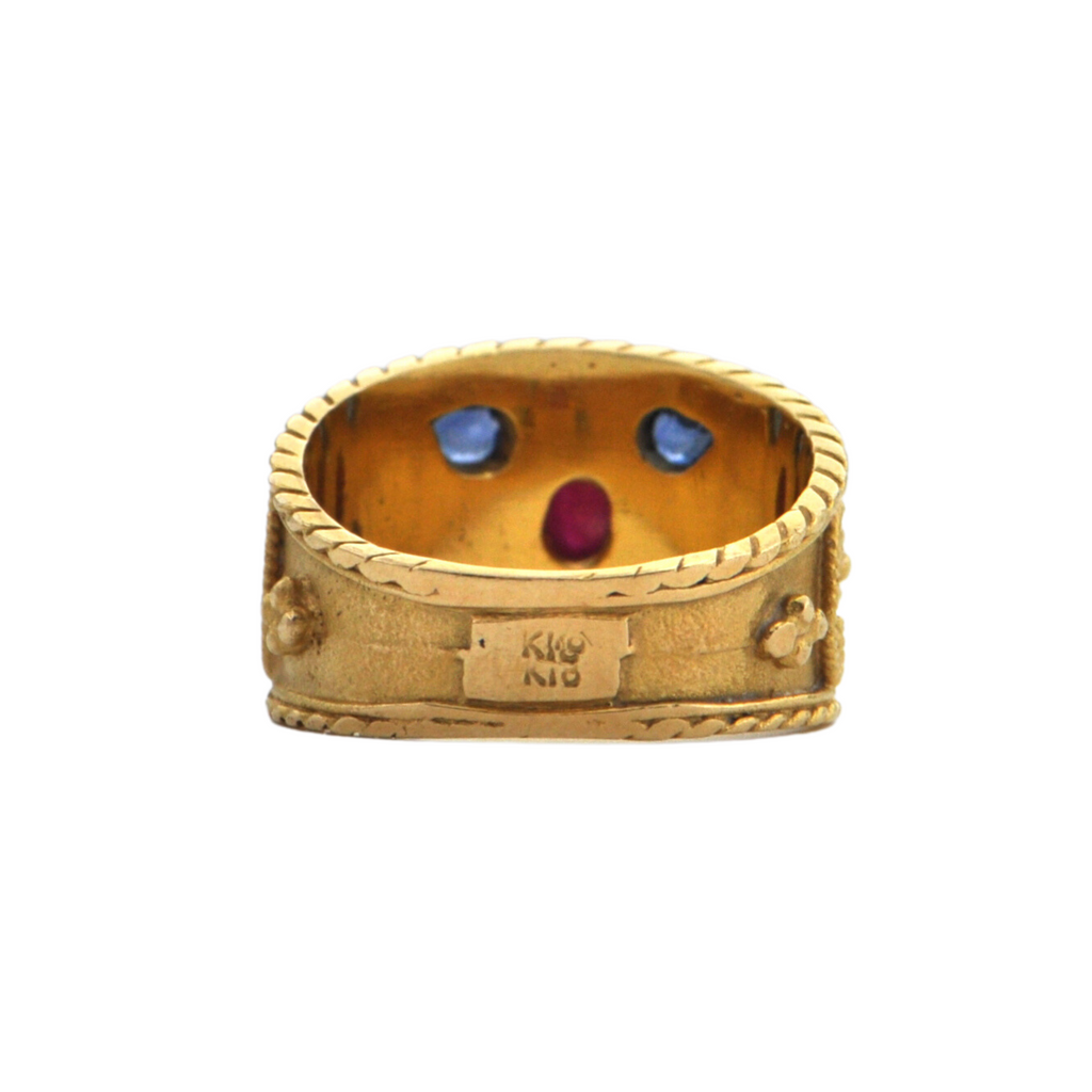 Etruscan Revival Sapphire and Ruby 18k Gold Ring + Montreal Estate Jewelers