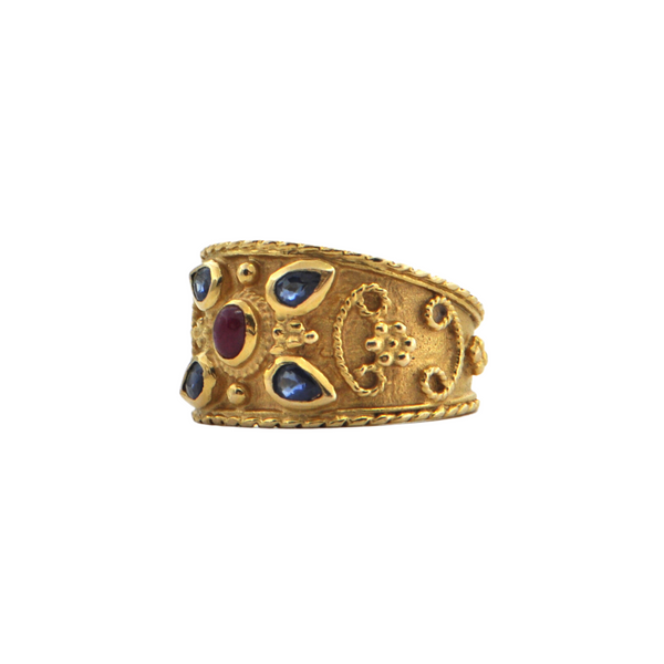 Etruscan Revival Sapphire and Ruby 18k Gold Ring + Montreal Estate Jewelers