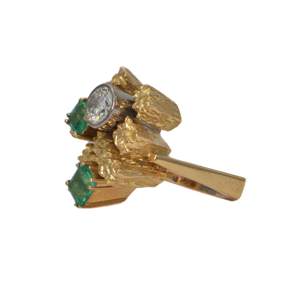 Brutalist Style Emerald and Diamond 18k Gold Ring + Montreal Estate Jewelers