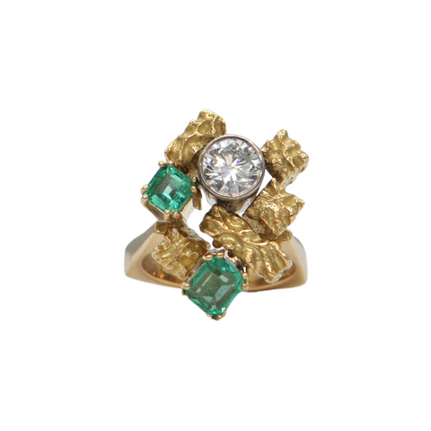 Brutalist Style Emerald and Diamond 18k Gold Ring + Montreal Estate Jewelers