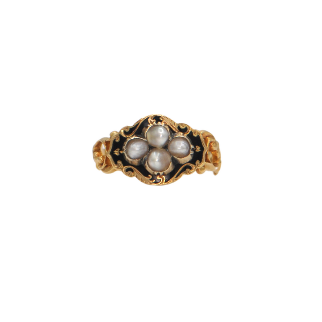 Antique Victorian Seed Pearl and Enamel 18k Gold Mourning Ring + Montreal Estate Jewelers