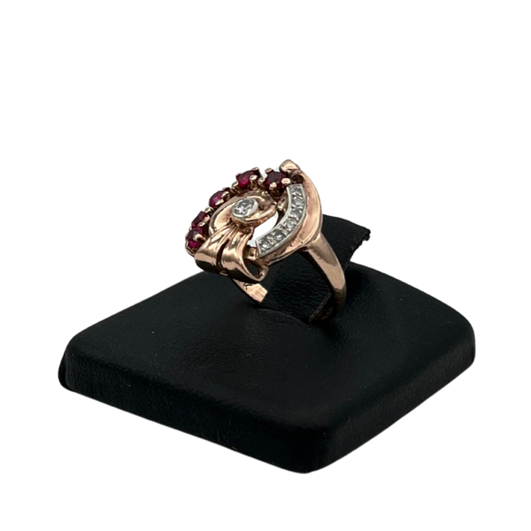 Retro 14k Rose gold Diamond and synthetic Ruby ring  C. 1940s - Daisy Exclusive Jewellers