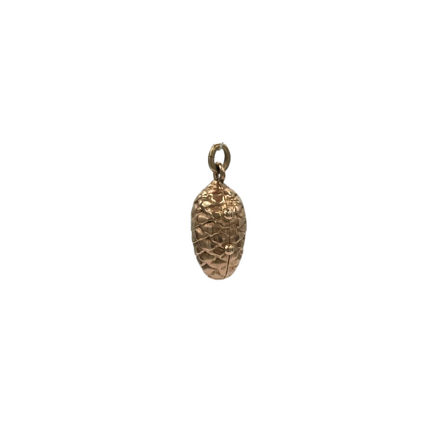 Vintage reliquary 14k yellow gold hollow pinecone locket pendant filled small mourning hair. Mourning jewelry (memento mori) where it was common to slip something personal into it.