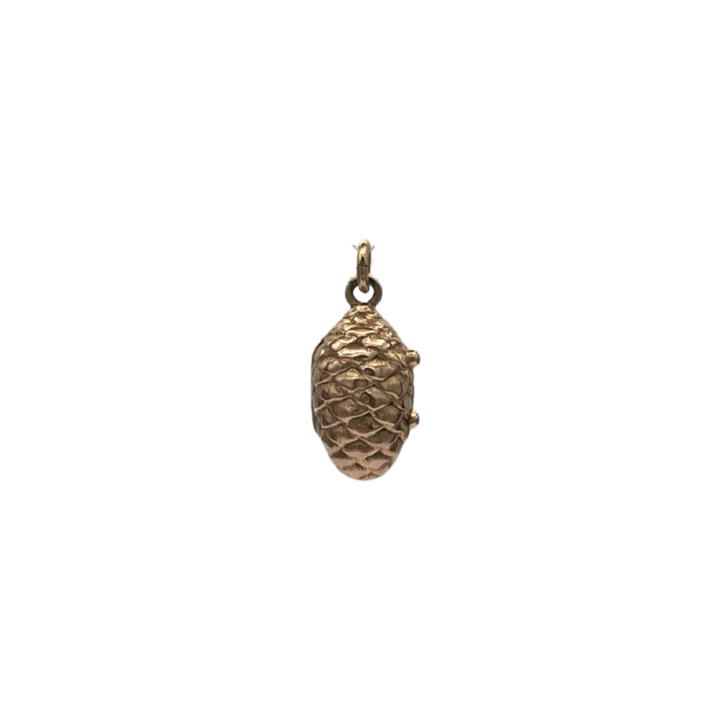 Vintage reliquary 14k yellow gold hollow pinecone locket pendant filled small mourning hair. Mourning jewelry (memento mori) where it was common to slip something personal into it.