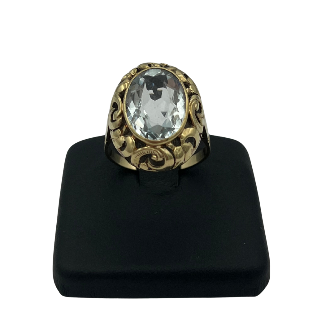 Vintage 3.5ct Oval Faceted Aquamarine 14k Yellow Gold Ring C.1950 - daisy exclusive jewellers