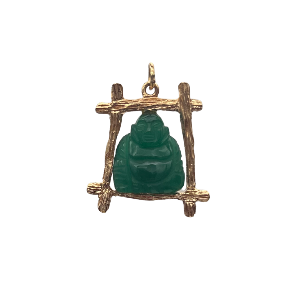 Vintage Green Quartz carved Buddha in 14k gold