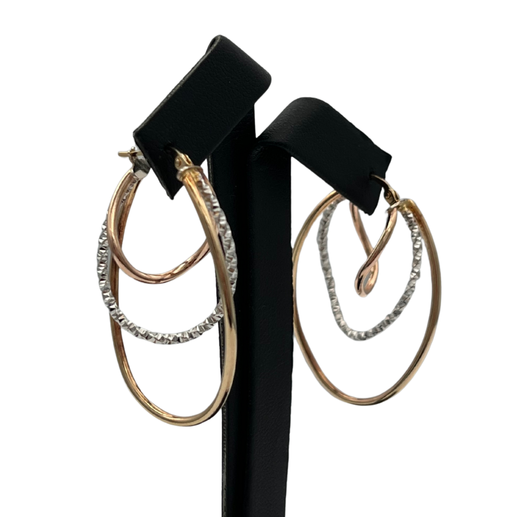 Vintage Italian Multi-Tone 14k Gold Twisted Three Tiered Hoop Earrings - daisy exclusive jewellers