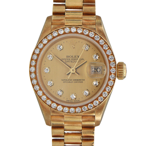 Vintage Ladies Rolex President 18K Yellow Gold and Diamond Watch 26mm 1993 + Montreal Estate Jewelers 