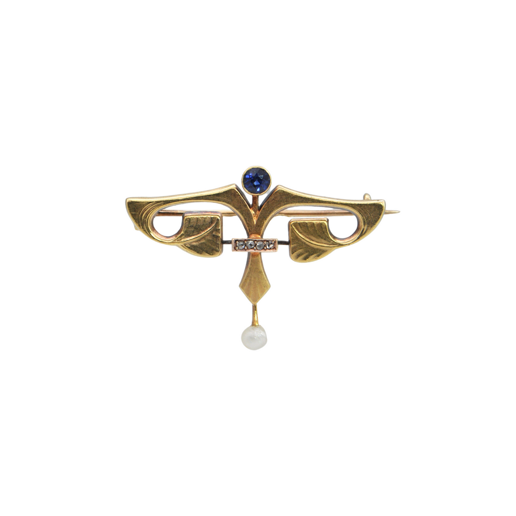 Antique Egyptian Revival Sapphire and Pearl 14k Gold Brooch + Montreal Estate Jewelers