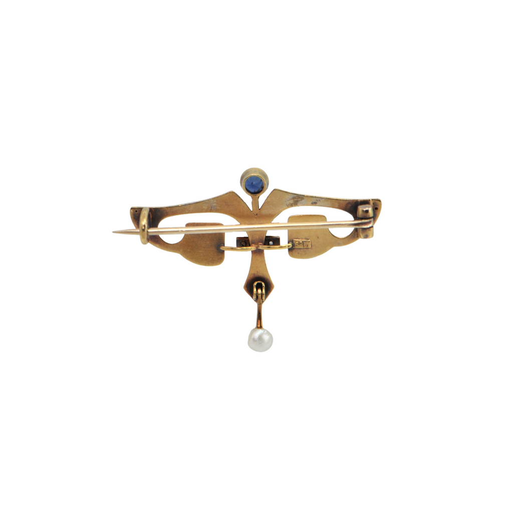 Antique Egyptian Revival Sapphire and Pearl 14k Gold Brooch + Montreal Estate Jewelers