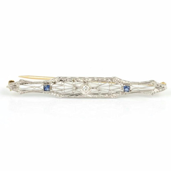 Diamond and Sapphire Bar Pin in 18k White Gold - Westmount Montreal Jewellers