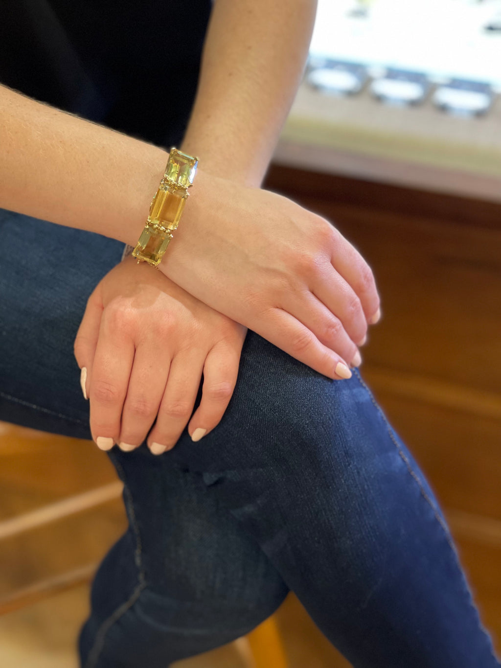 1950's 14K Yellow Gold and 76CT Citrine Hinge Bangle Bracelet + Montreal Estate Jewelers