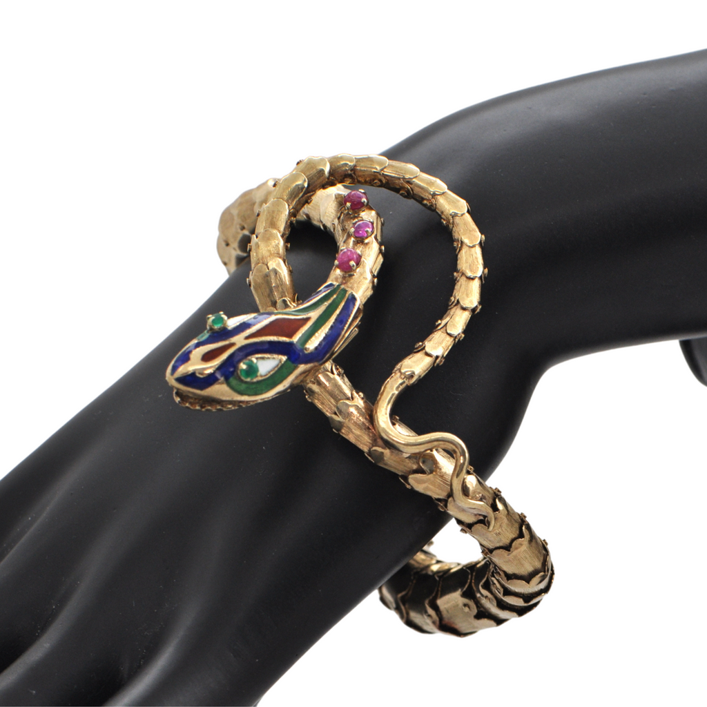 Vintage rare Enamel, gem set, Articulated 14K Yellow Gold Snake Bracelet (c.1950's) + Montreal Estate Jewelers