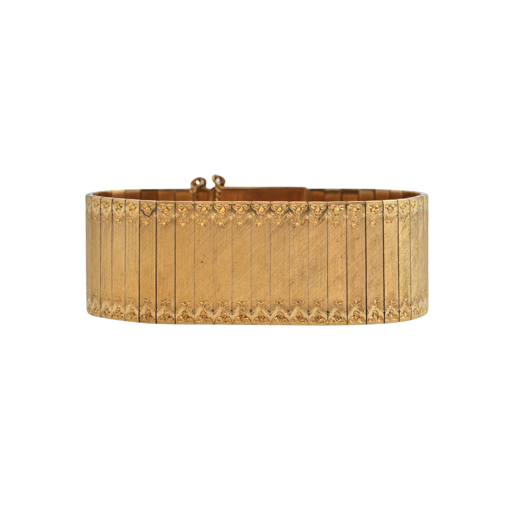 Estate Vintage Italian Wide Cuff Textured and Engraved 18k Gold Buckle Bracelet + Montreal Estate Jewelers