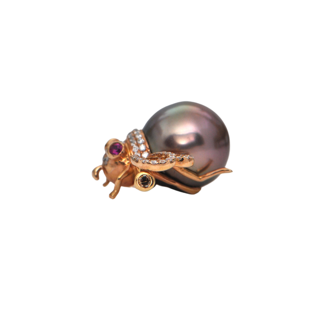 Bronze Tahitian Pearl, Ruby & Diamond Bumble Bee Brooch + Montreal Estate Jewelers