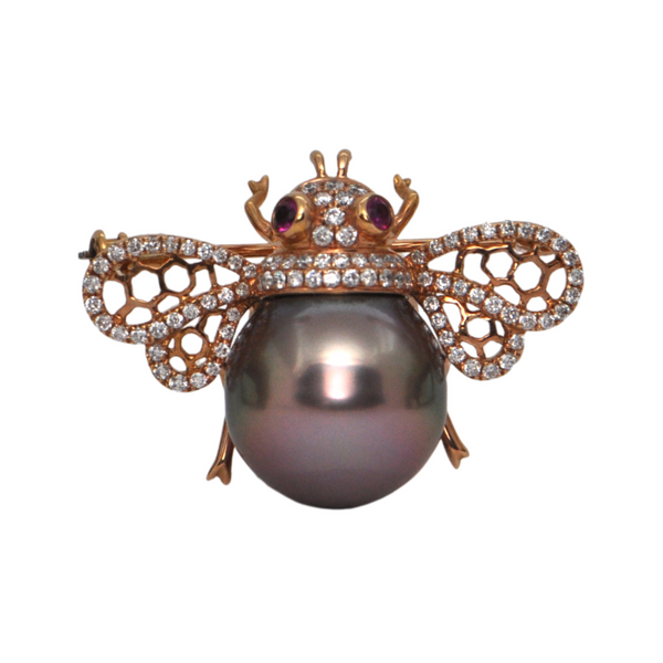 Bronze Tahitian Pearl, Ruby & Diamond Bumble Bee Brooch + Montreal Estate Jewelers