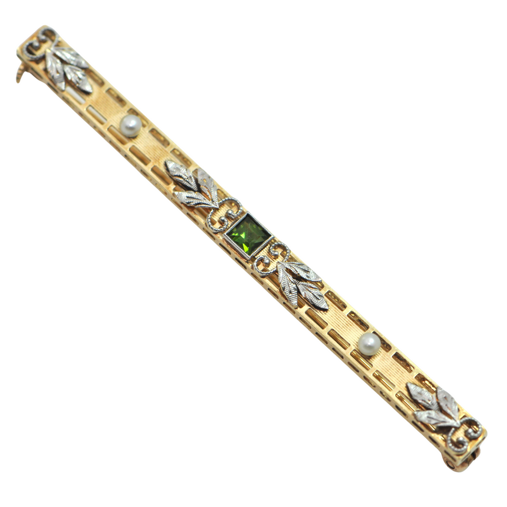 Antique Edwardian 14K Yellow Gold Peridot Bar Pin + Montreal Estate Jewelers