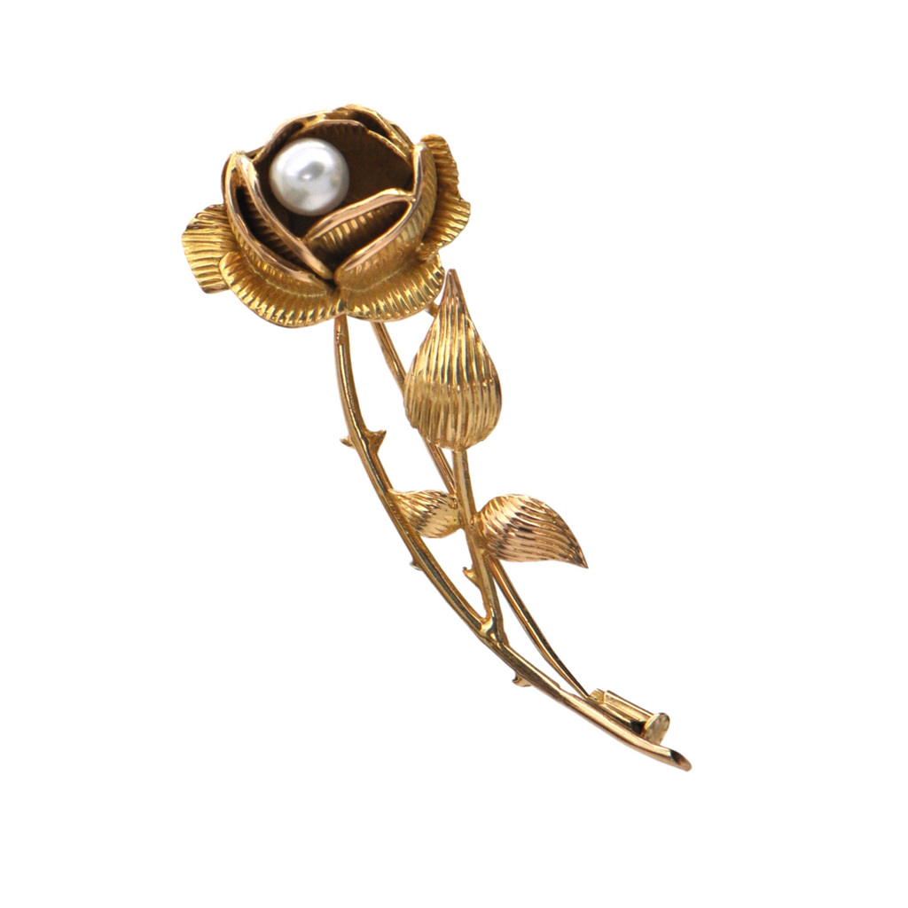 Vintage Moroccan Pearl 18k Gold Rose Brooch + Montreal Estate Jewelers