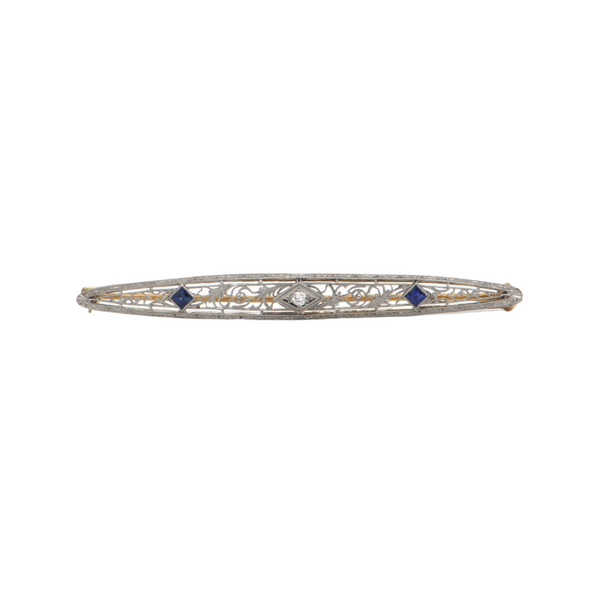 Late Edwardian Diamond and Sapphire 14k Gold Bar Pin + Montreal Estate Jewelers