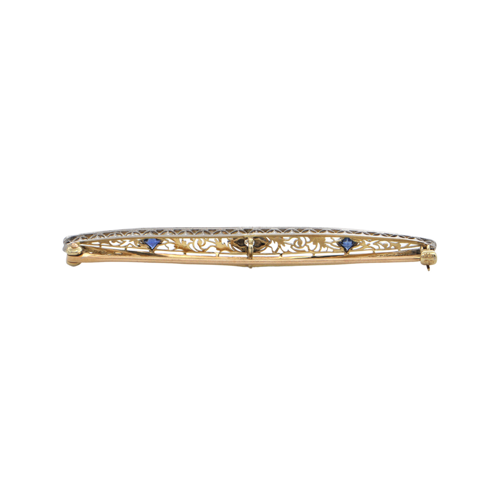 Late Edwardian Diamond and Sapphire 14k Gold Bar Pin + Montreal Estate Jewelers