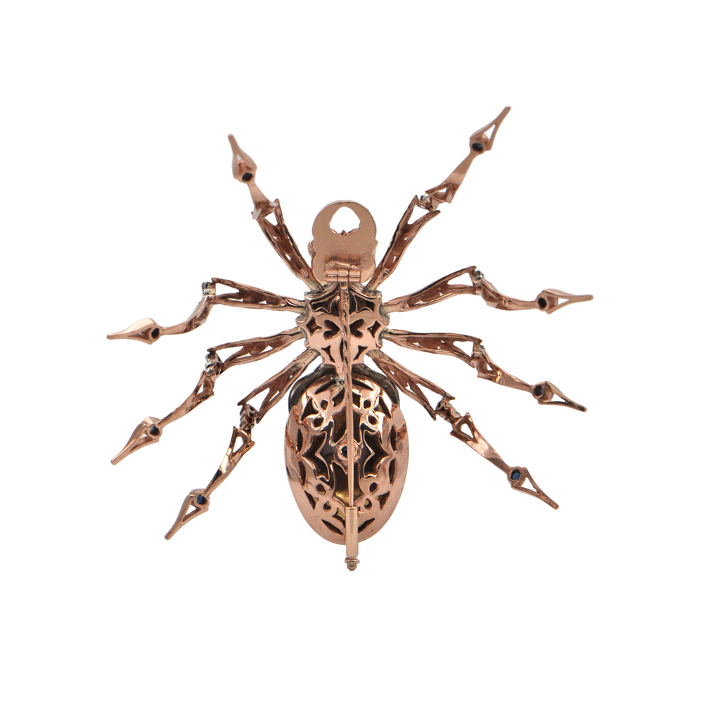 Reproduction Russian Gold Guilloche Enamel Spider Brooch circa 1980-1990 + Montreal Estate Jewelers