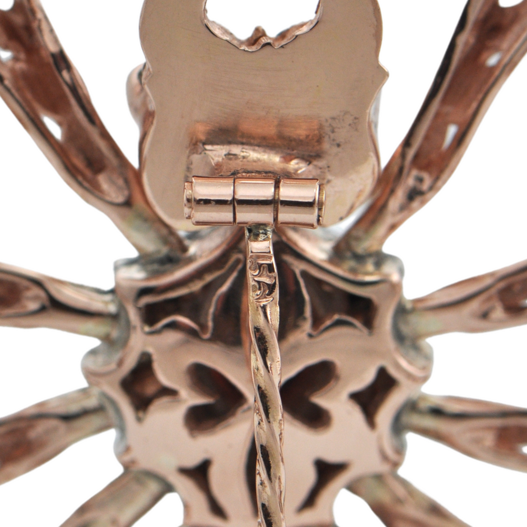 Reproduction Russian Gold Guilloche Enamel Spider Brooch circa 1980-1990 + Montreal Estate Jewelers