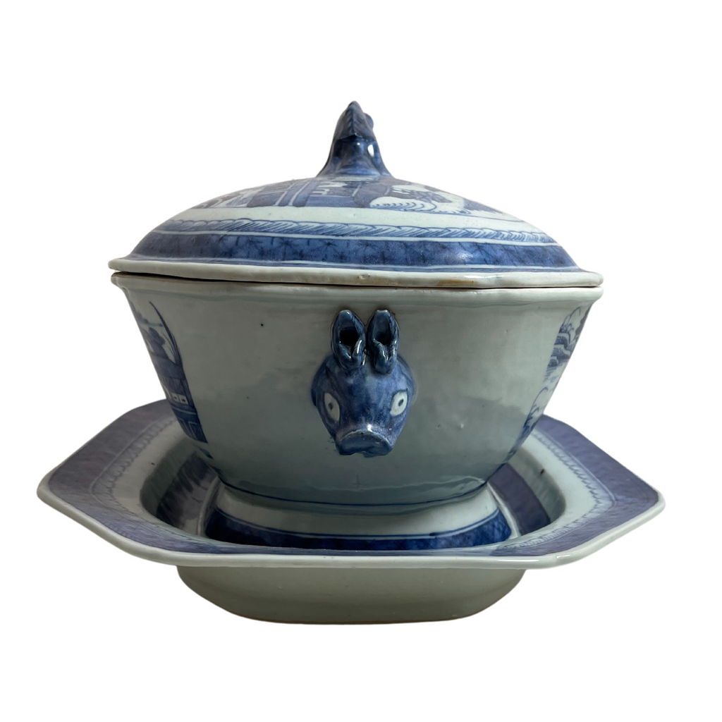 Chinese Blue & White 'Diana Cargo' Shipwreck Tureen, Cover, and Stand C.1826